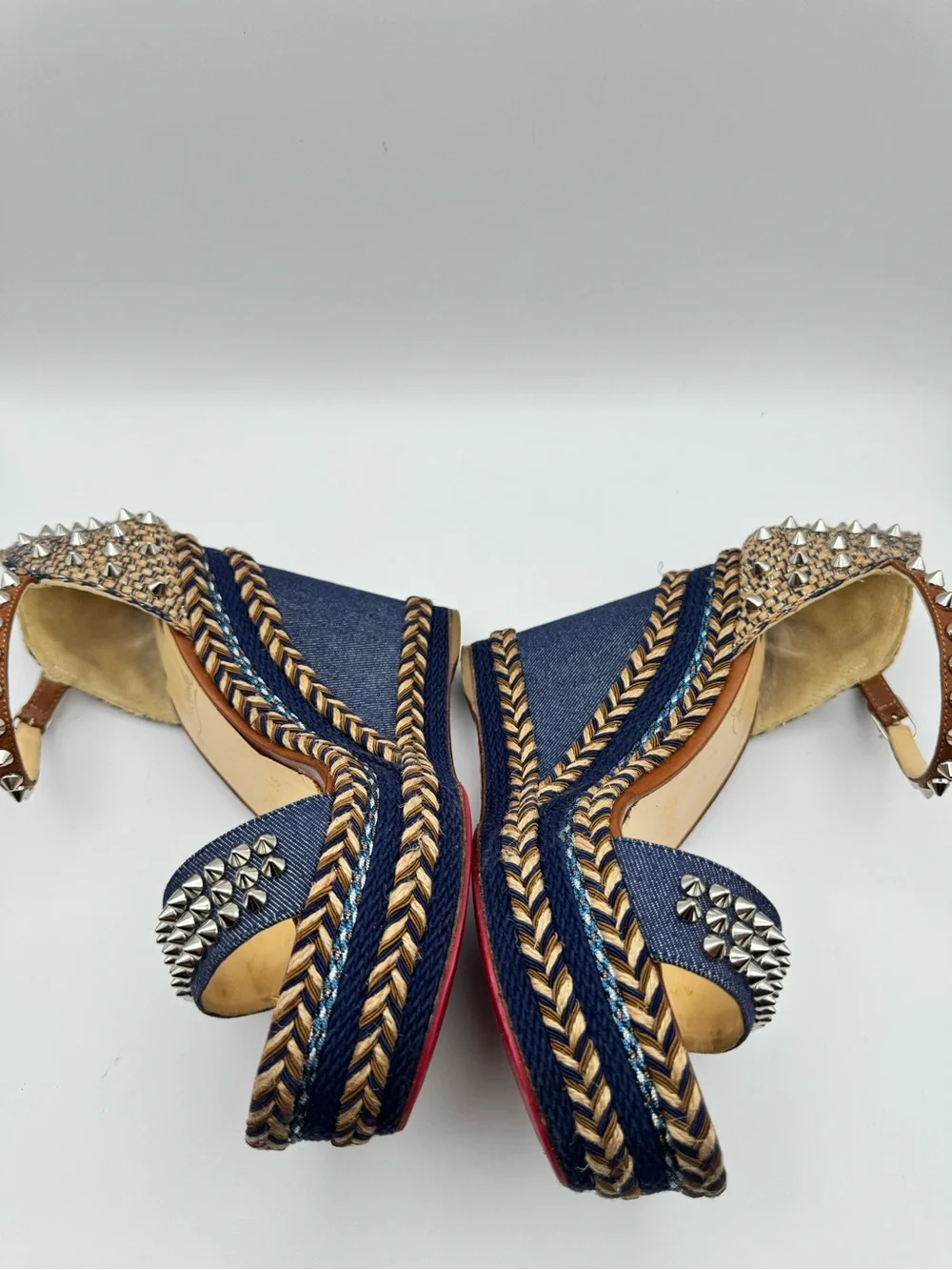 Christian Louboutin Madmonica 120 Denim Studded Wedge Sandals EU 36